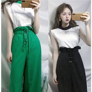 Lettering Tank Top / Lace Up Wide Leg Pants