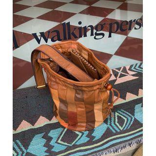 Real-leather Patchwork Bucket Bag Brown - One Size