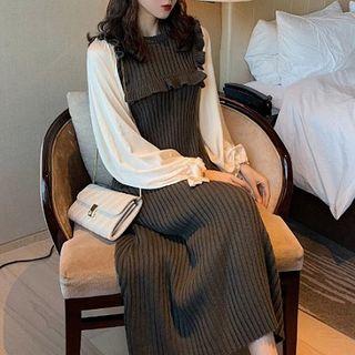 Ruffle Trim Long-sleeve Midi A-line Knit Dress As Shown In Figure - One Size