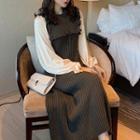 Ruffle Trim Long-sleeve Midi A-line Knit Dress As Shown In Figure - One Size