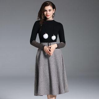 Set: Striped Panel Sweater + Plaid A-line Midi Skirt