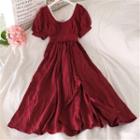 Frilled Short-sleeve Dress Red - One Size