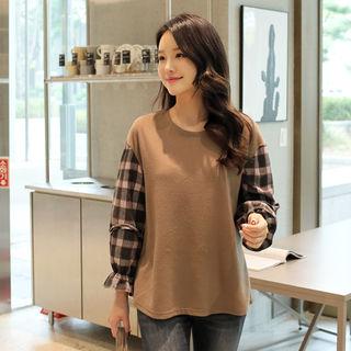 Round-neck Plaid-sleeve Top