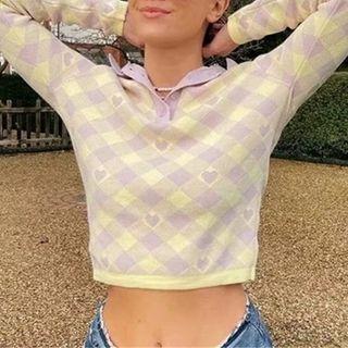 Plaid Polo Sweater Pinkish Purple - One Size