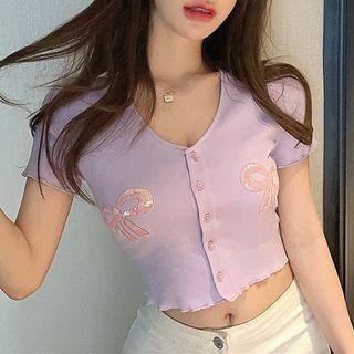Sequined Bow Short-sleeve Button Cropped T-shirt