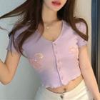 Sequined Bow Short-sleeve Button Cropped T-shirt