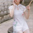 Set: Short-sleeve Lace Frog-button Top + Lace Shorts