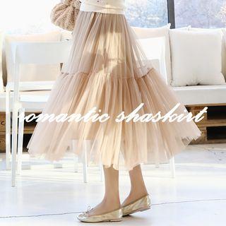 Tulle-overlay Frill-hem Long Skirt