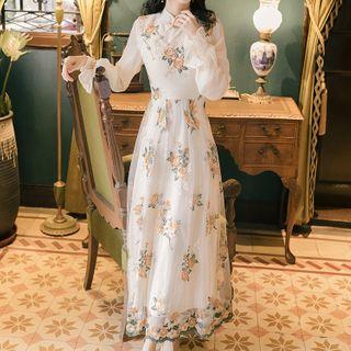 Floral Embroidered Mandarin Collar Long-sleeve Midi A-line Dress