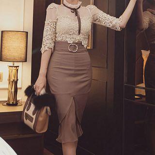 Set: Elbow-sleeve Crochet Lace Blouse + Hoop Accent Pencil Skirt