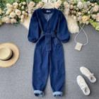 Balloon-sleeve Panel Denim Jumpsuit