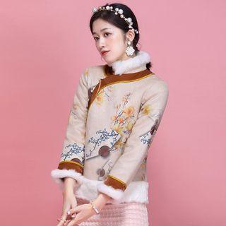 Traditional Chinese Long-sleeve Floral Fluffy Trim Top