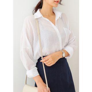 Plus Size - Pocket-front Crinkled Sheer Shirt