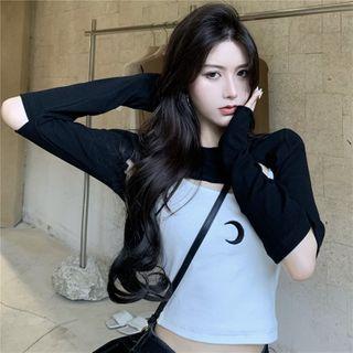 Long-sleeve Crop Top / Moon Embroidered Camisole
