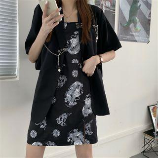 Short-sleeve Single-button Blazer / Dragon Print Spaghetti Strap Mini A-line Dress