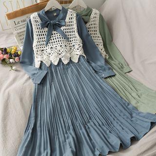 Set: Ribbon-neckline Pleated Midi Dress + Open-knit Crop Vest