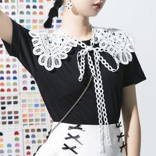 Short-sleeve Detachable Lace Collar T-shirt Black - One Size