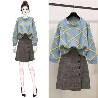 Checked Crew-neck Sweater / High-waist A-line Skirt / Set
