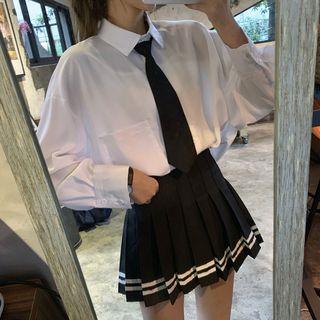 Plain Shirt With Tie / Contrast Trim Pleated Skirt