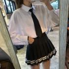 Plain Shirt With Tie / Contrast Trim Pleated Skirt