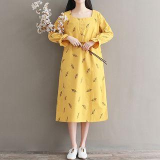 Long-sleeve Leaf Print Midi Dress