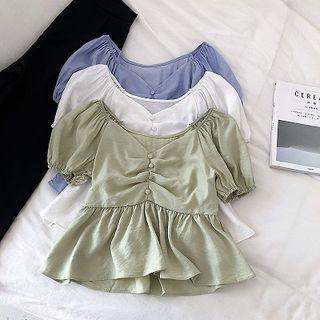 V-neck Lace-up Puff-sleeve Top