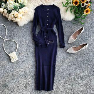 Round-neck Long-sleeve Button Knit Dress
