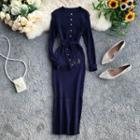 Round-neck Long-sleeve Button Knit Dress