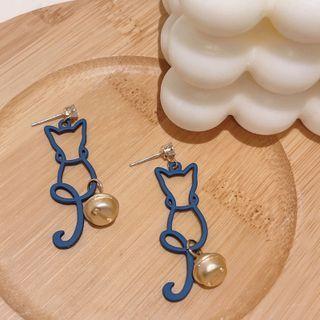 Cat Bell Alloy Dangle Earring 1 Pair - S925 Silver Needle Earring - White & Gold - One Size