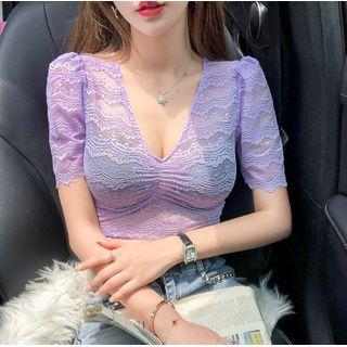 Short-sleeve V-neck Lace Plain Top