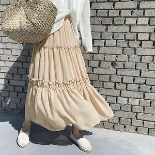 Band-waist Tiered Chiffon Skirt Beige - One Size