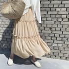 Band-waist Tiered Chiffon Skirt Beige - One Size