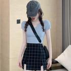 Short-sleeve Notch-neck Top / Plaid Mini Skirt / Set