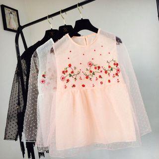 Floral Embroidered Mesh Blouse Pink - One Size
