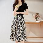 Short-sleeve Square Neck Blouse / Floral Midi A-line Skirt