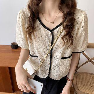 Short-sleeve Button-up Pointelle Top