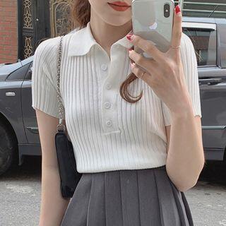Short Sleeve Ribbed Polo Knit Top
