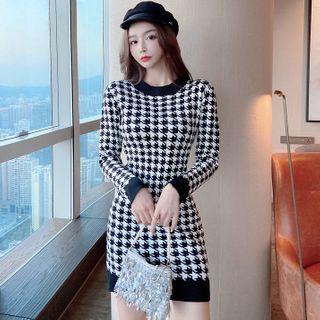 Long-sleeve Houndstooth Mini Bodycon Dress Black - One Size