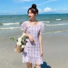 Puff-sleeve Plaid Frog-button Mini A-line Dress