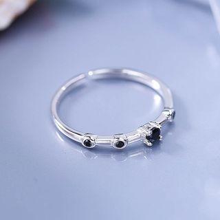 925 Sterling Silver Black Rhinestone Open Ring Platinum Plated - One Size