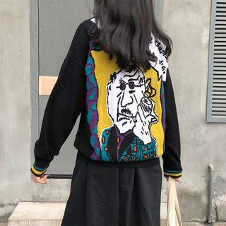 Printed-back Knit Cardigan As Shown In Figure - One Size