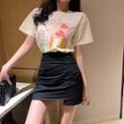 Set: Printed Short-sleeve T-shirt + Shirred Mini Straight-fit Skirt