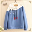 Cat Embroidered Color-block Drawstring Hoodie
