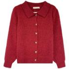 Long-sleeve Plain Cropped Knit Cardigan Red - One Size