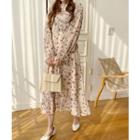 High-neck Floral Print Dress Beige - One Size