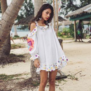 Embroidered Cold Shoulder Long-sleeve Tunic