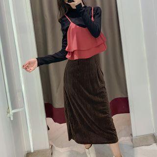 Set: Plain T-shirt + Sleeveless Color-block Dress