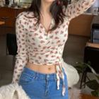 Long-sleeve Floral Print Wrap Knit Top Floral - One Size