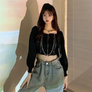 Long-sleeve Zip-up Knit Crop Top