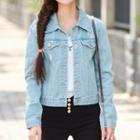 Distressed Buttoned Cropped Denim Jacket